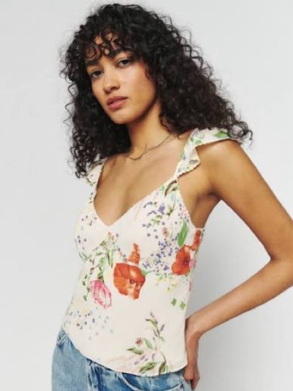 Reformation Cream Floral Ruffle-Strap Cami